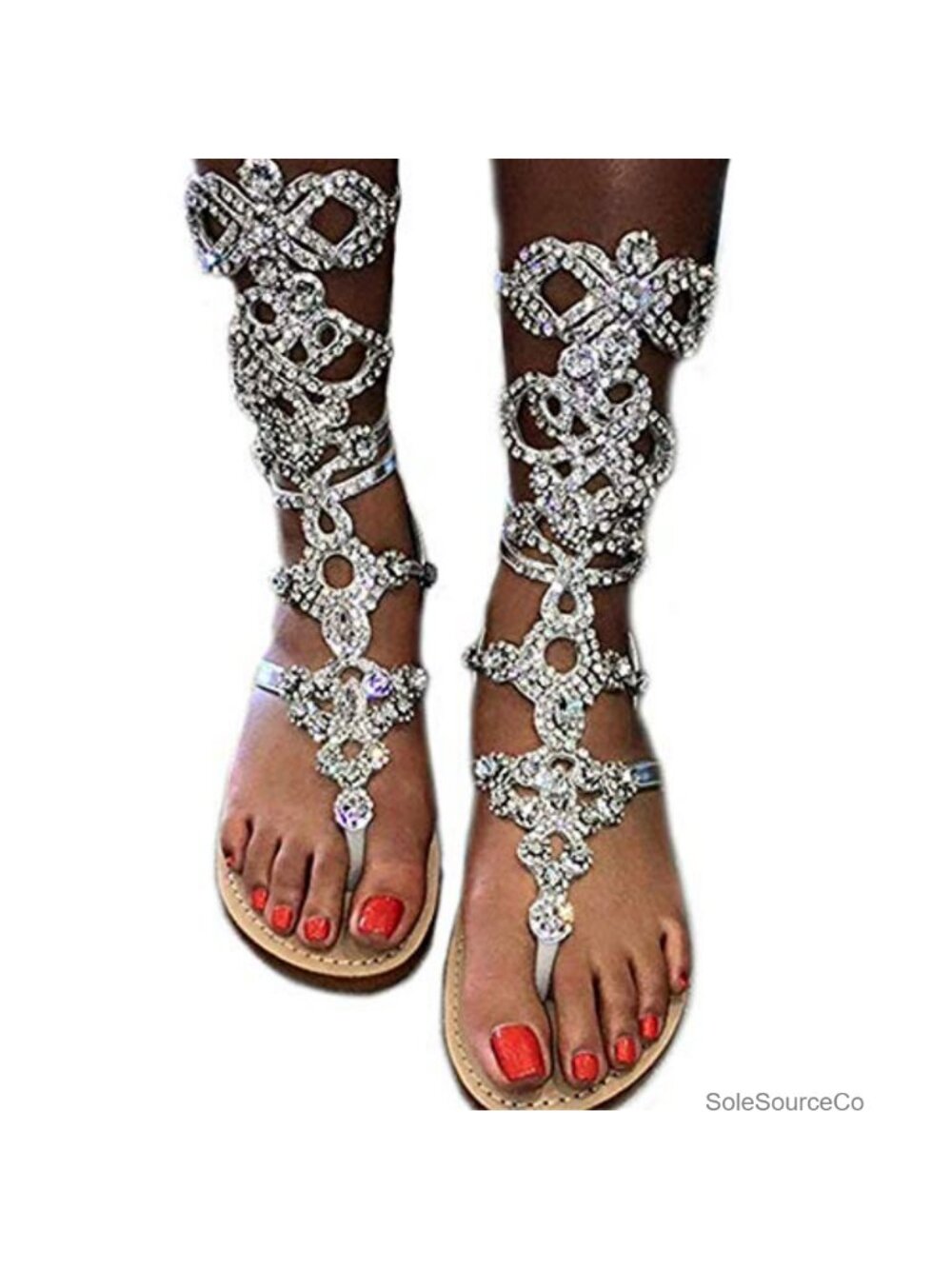 Women's Rhinestone Gladiator Flat Sandals Handmade PU Adjustable Straps